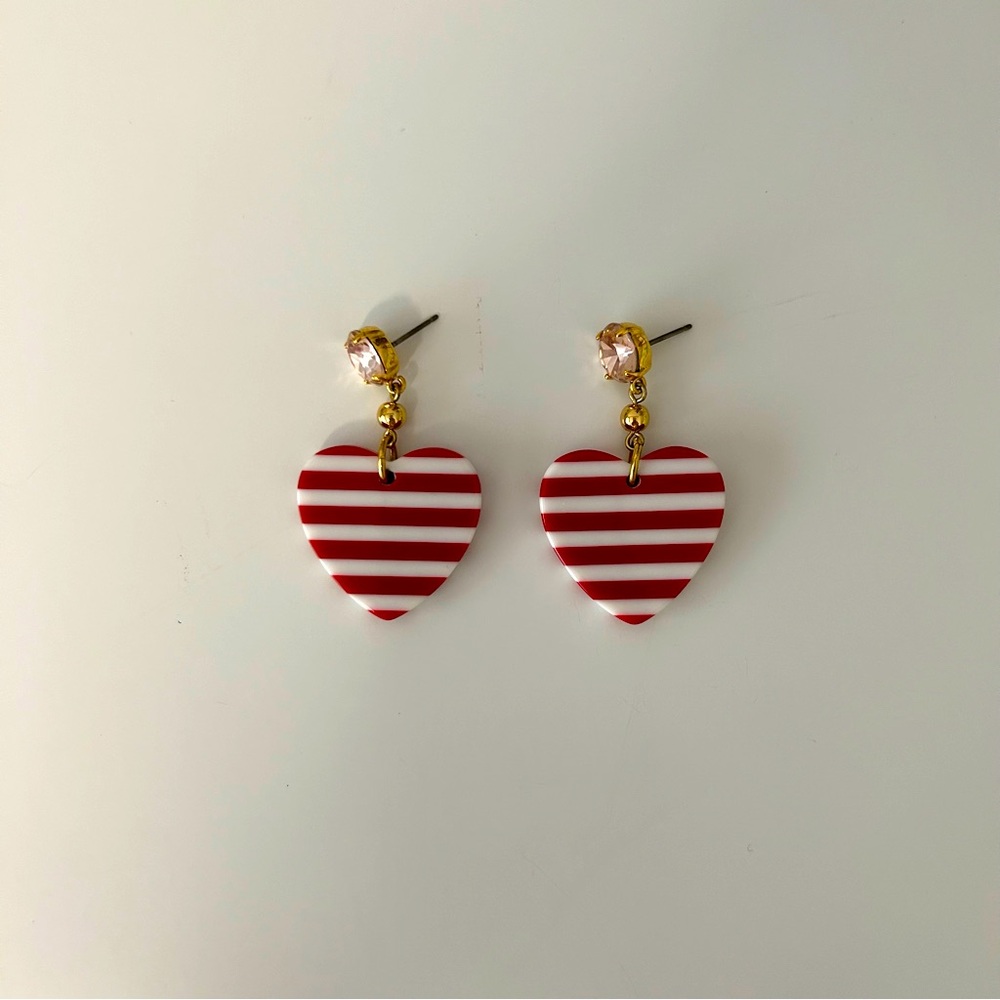 Striped Heart Earrings - Red and White